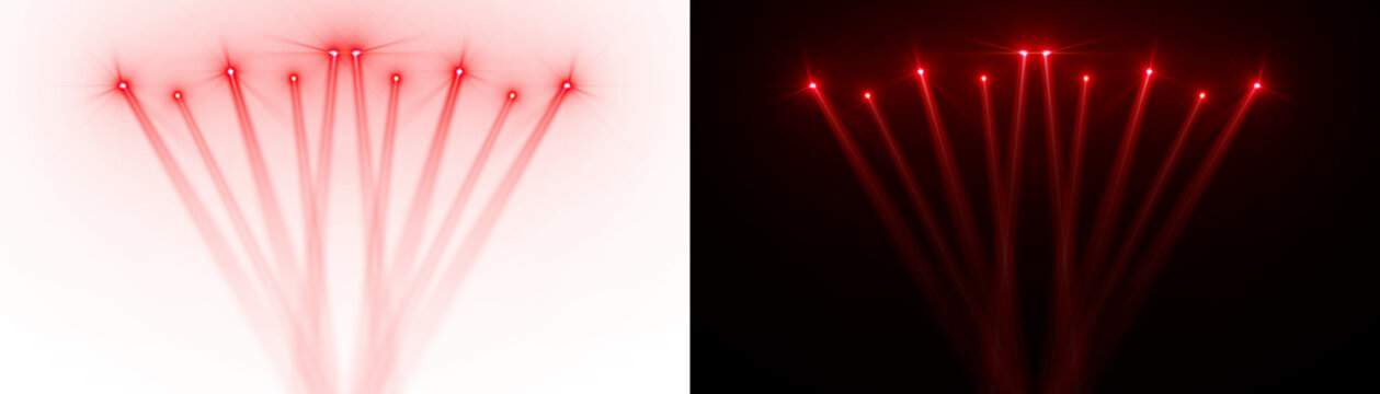Spotlight beams red lighting lens flare shining on concert stage on transparent background. VFX design, theatre stage poster, party, music event, e-sports 