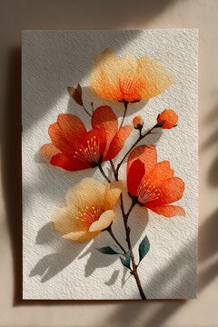 Japanese-inspired autumn sakura branches with warm coral and orange blossoms, flowing botanical composition.