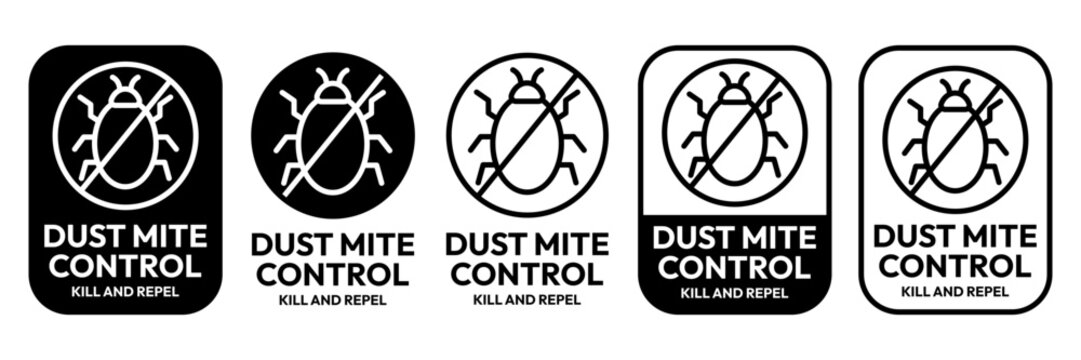 Anti bed bug or dust mite control, kills, killer, repel, eliminates icon set, label, logo, badge, sign, symbol, banner, sticker, stamp, emblem, circle, line, black, flat vector, isolated illustration.