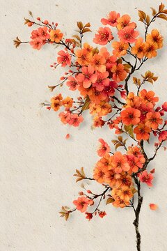Elegant printable botanical frame, autumn cherry blossom branches growing from the corners, coral, orange and golden flowers.