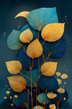 Elegant midnight botanical illustration, graceful tree branches with shimmering gold leaves, rich navy and indigo gradient background.