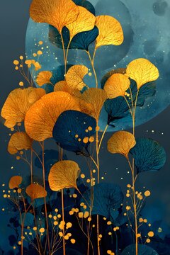 Elegant midnight botanical illustration, graceful tree branches with shimmering gold leaves, rich navy and indigo gradient background.