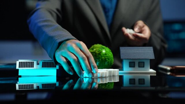 Hand placing a small model beside houses with solar panels and a green globe, showing clean energy and sustainable planning