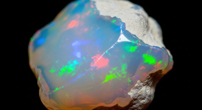 Raw precious opal gemstone with iridescent play of color showing vibrant green, blue, and red flashes against a black background