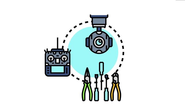 Aerial stabilizer system error drone gimbal malfunction, requiring technical maintenance, diagnostic, and repair services using various tools by an operator