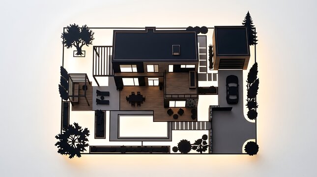 Top view of a minimalist modern home architectural model with garden