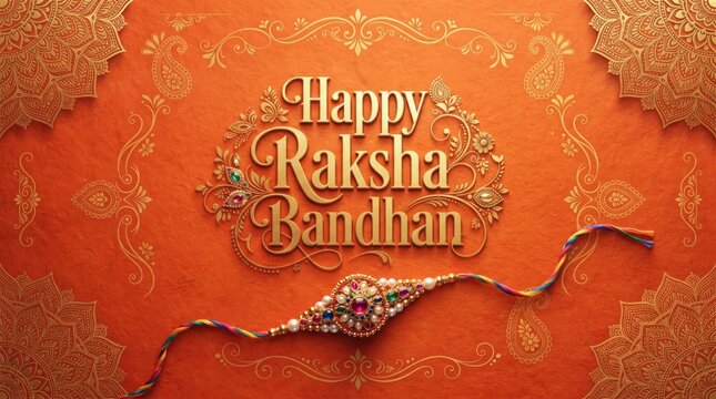 Happy Raksha Bandhan golden calligraphic title text with ornate jeweled rakhi thread on decorative orange background for traditional festival banner