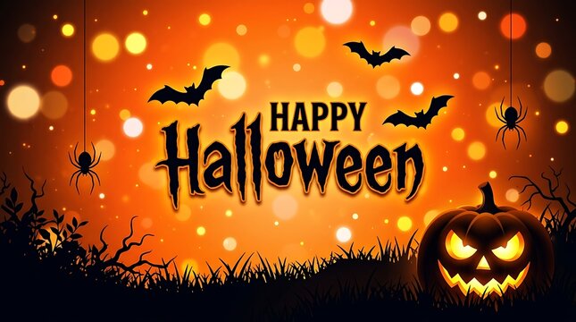 Happy halloween background with a glowing pumpkin, bats, and spiders on an orange bokeh backdrop