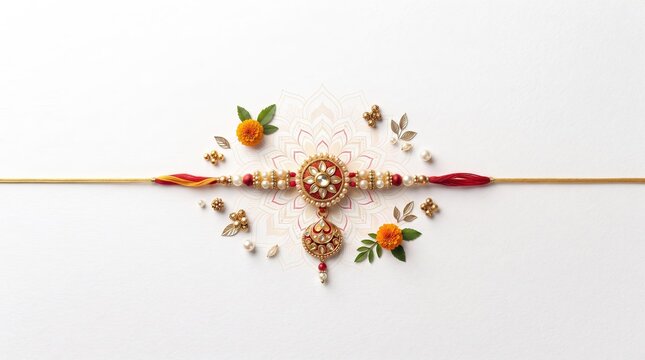Traditional Raksha Bandhan header banner featuring detailed red thread rakhi with golden beads and floral accents on plain white background