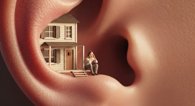Surreal conceptual of a tiny house and a person sitting on the porch inside the anatomy of a human ear representing listening to home