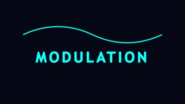 Modulation neon text animation with glowing cyan wave on dark 4k background
