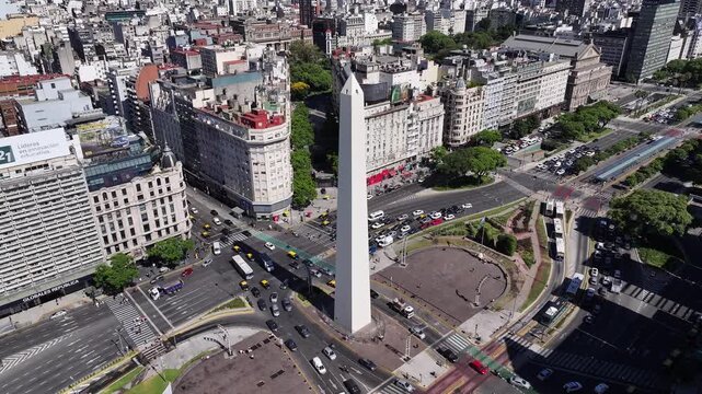 Aerial view of the obelisk in the city of Buenos Aires, Argentina