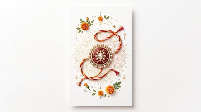 Raksha Bandhan festival celebration mockup with decorative rakhi thread marigold flowers and gift box on neutral background
