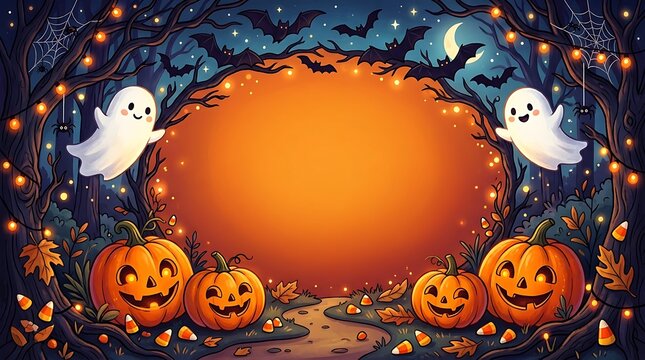 Halloween background with cute ghosts, jackolanterns, and bats in a spooky forest