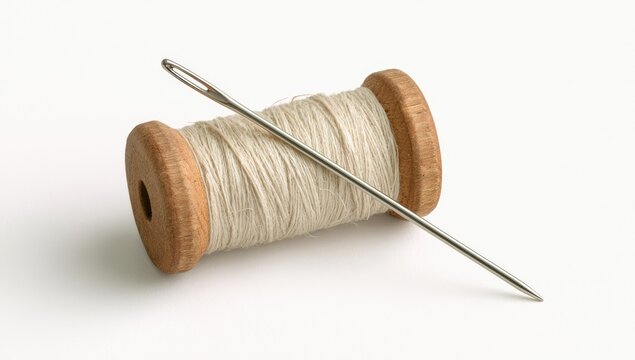 Close-up of a vintage wooden spool of cream thread with a sewing needle resting on it.