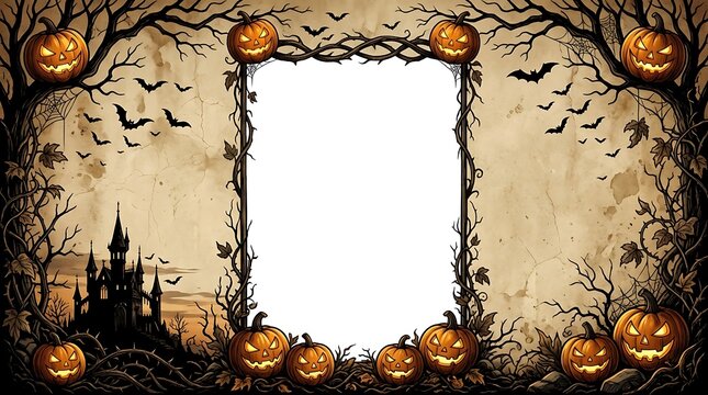 Halloween frame with spooky jackolanterns, haunted castle silhouette, bats, and twisted branches on a vintage textured background