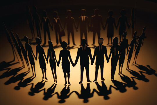Paper cutouts of diverse business people holding hands in a circle with long radial shadows. Concept of global teamwork, unity, diversity, and strong community network.
