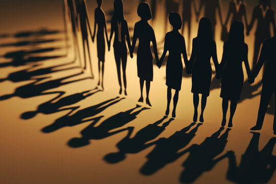 Paper cutouts of diverse business people holding hands in a circle with long radial shadows. Concept of global teamwork, unity, diversity, and strong community network.