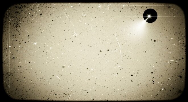 Vintage frame with rounded corners, heavy dust, scratches, and a circular light flare, mimicking an old projector screen effect