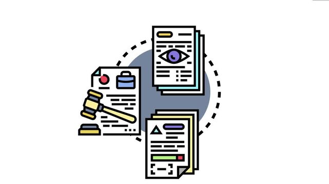 Affidavit document papers with an eye symbol, a gavel, and report symbols visualize the legal process, sworn statements, and official records