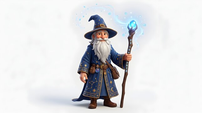 Whimsical Blue-Robed Wizard Character with Staff and Magical Energy Effects