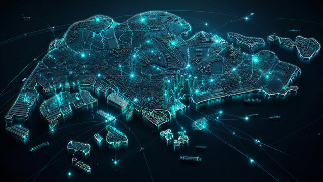 Futuristic Digital Map of Singapore, Cyber City Network, Smart City Urban Layout, Neon Blue Data Visualization, Technological Connectivity Concept