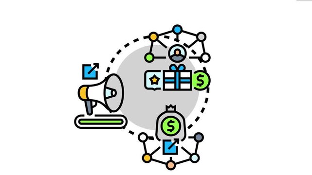 Affiliate marketing collaboration scheme showing a network of users, a megaphone for promotion, and distributed rewards like gifts, stars, and money bag earnings