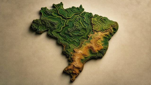 Topographic map of Brazil, 3D relief representation of South American country, landscape with green and brown textures, geographic shape, elevation model, geographic concept, isolated object