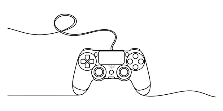 Continuous single line drawing of a video game controller with a long wire cable for modern gaming entertainment and digital leisure lifestyle illustration