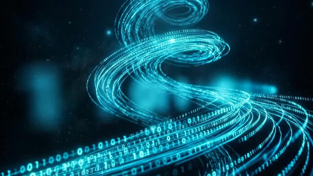 Glowing cyan binary code streams flowing in abstract spiral helix shape