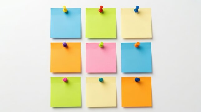A grid of nine colorful sticky notes pinned to a white background