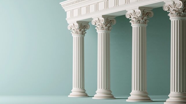 Four ornate carved corinthian style white stone classical columns standing against solid light blue background shows ancient greek architectural heritage and classic design