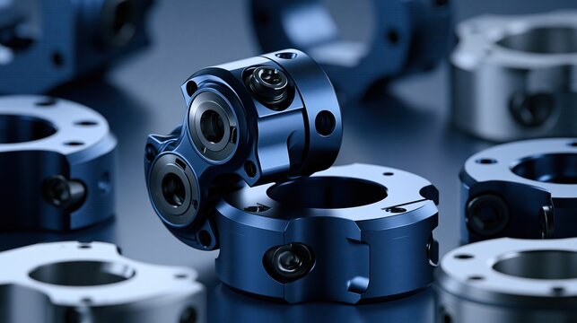 Precision engineered blue metal mechanical coupling parts stacked on dark work surface shows industrial manufacturing and high precision engineering concept