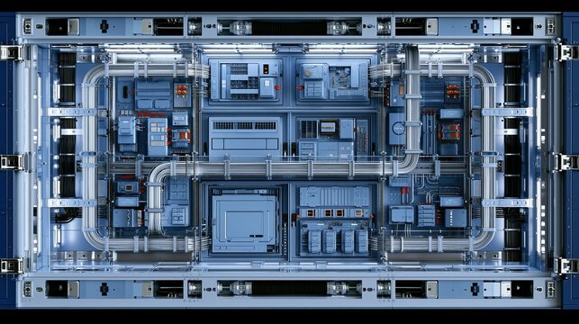 Top down view of neatly organized internal electronic components and wiring inside open industrial control cabinet shows advanced system engineering