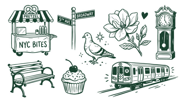 Hand drawn vintage new york city street elements with dark green outline sketching for decorative urban theme projects and classic themed travel graphic illustrations.