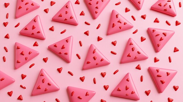 Repeating 3d pattern of pink triangular watermelon shaped candy with small red heart sprinkles on solid pink background creates fun sweet valentine themed decorative design