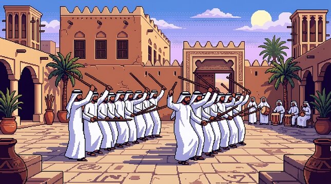 Traditional arabic stick dance performed in a historical city square
