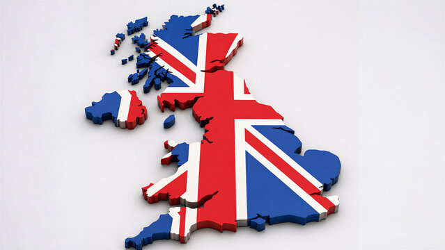 United Kingdom 3D Map with Union Jack Flag, UK geography illustration, British tourism concept, red white blue vector map, travel infographic, educational background design