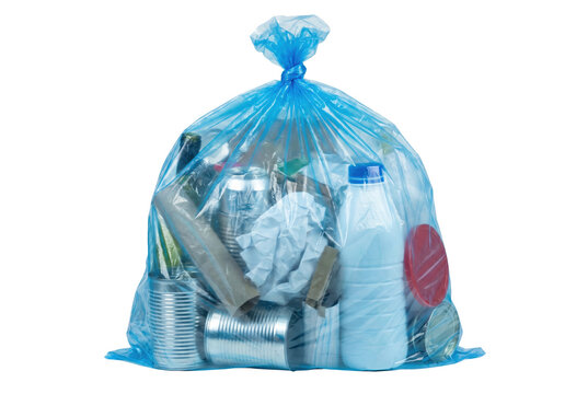 Blue translucent recycling bag filled with household waste including plastic bottles and metal cans