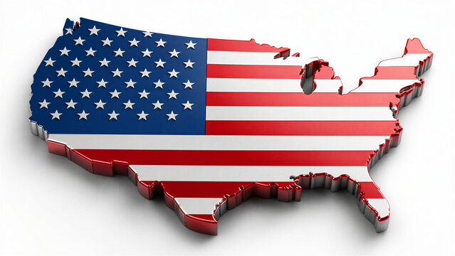 Three dimensional United States map symbol with Star Spangled Banner pattern and national colors, 3D illustration on white background for vector graphics