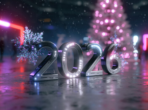 "2026" futuristic Christmas 3D design, metallic silver numbers with LED lights, surrounded by holographic snowflakes, futuristic Christmas tree, neon festive lighting, dark background, cinematic 3D