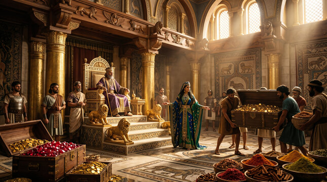 The Queen of Sheba presenting a stunning array of exotic spices, gold, and precious stones to King Solomon in his grand palace.