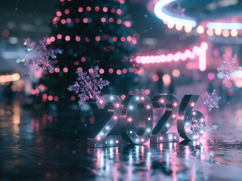 "2026" futuristic Christmas 3D design, metallic silver numbers with LED lights, surrounded by holographic snowflakes, futuristic Christmas tree, neon festive lighting, dark background, cinematic 3D
