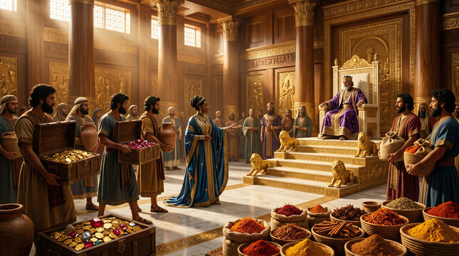 The Queen of Sheba presenting a stunning array of exotic spices, gold, and precious stones to King Solomon in his grand palace.