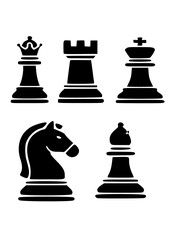 Chess Pieces Icon Set, King Queen Rook Bishop and Knight Silhouettes © Aslam