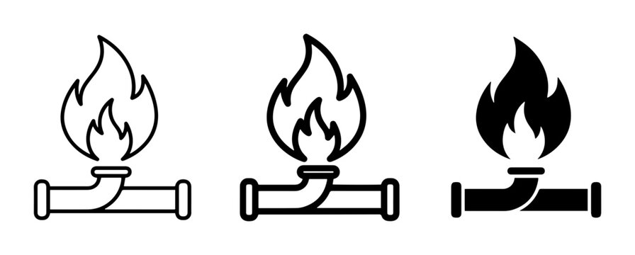 Gas Pipe Flame Icons, Energy Supply Symbols, Natural Gas Burner Vector Graphics