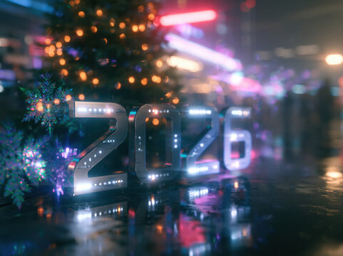 "2026" futuristic Christmas 3D design, metallic silver numbers with LED lights, surrounded by holographic snowflakes, futuristic Christmas tree, neon festive lighting, dark background, cinematic 3D
