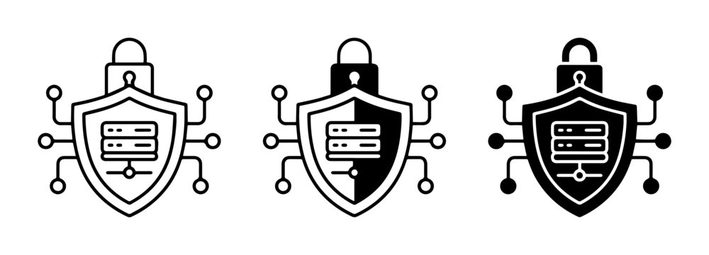 Cyber Security Icons: Server Protection Shield, Padlock, Network Circuitry, Data Safety Concepts