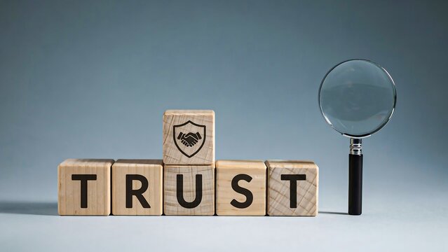 Wooden trust blocks beside a magnifying glass representing verification, security and reliability