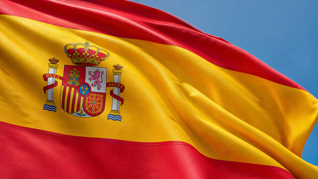 Spanish flag waving in the wind against blue sky, featuring the traditional coat of arms and national symbols of Spain for patriotic design.